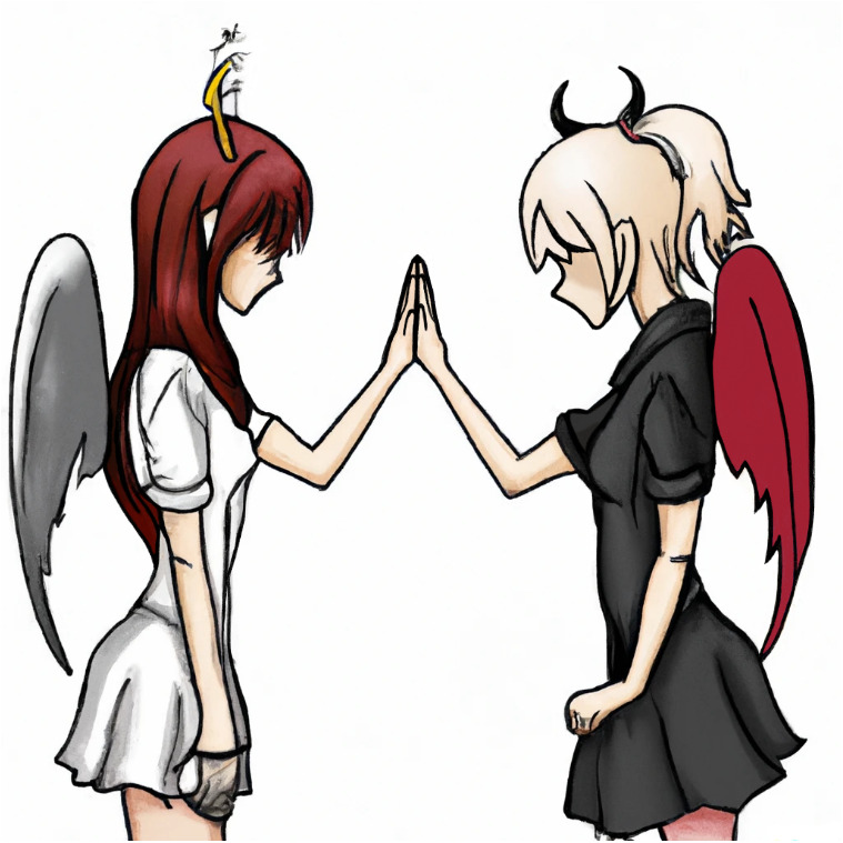 An angel and devil facing each other